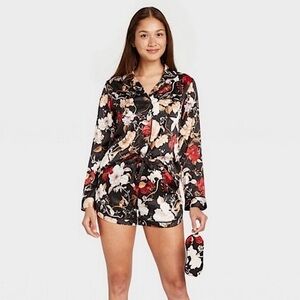 Stars Above Floral Satin Pajama Set - Black and Red